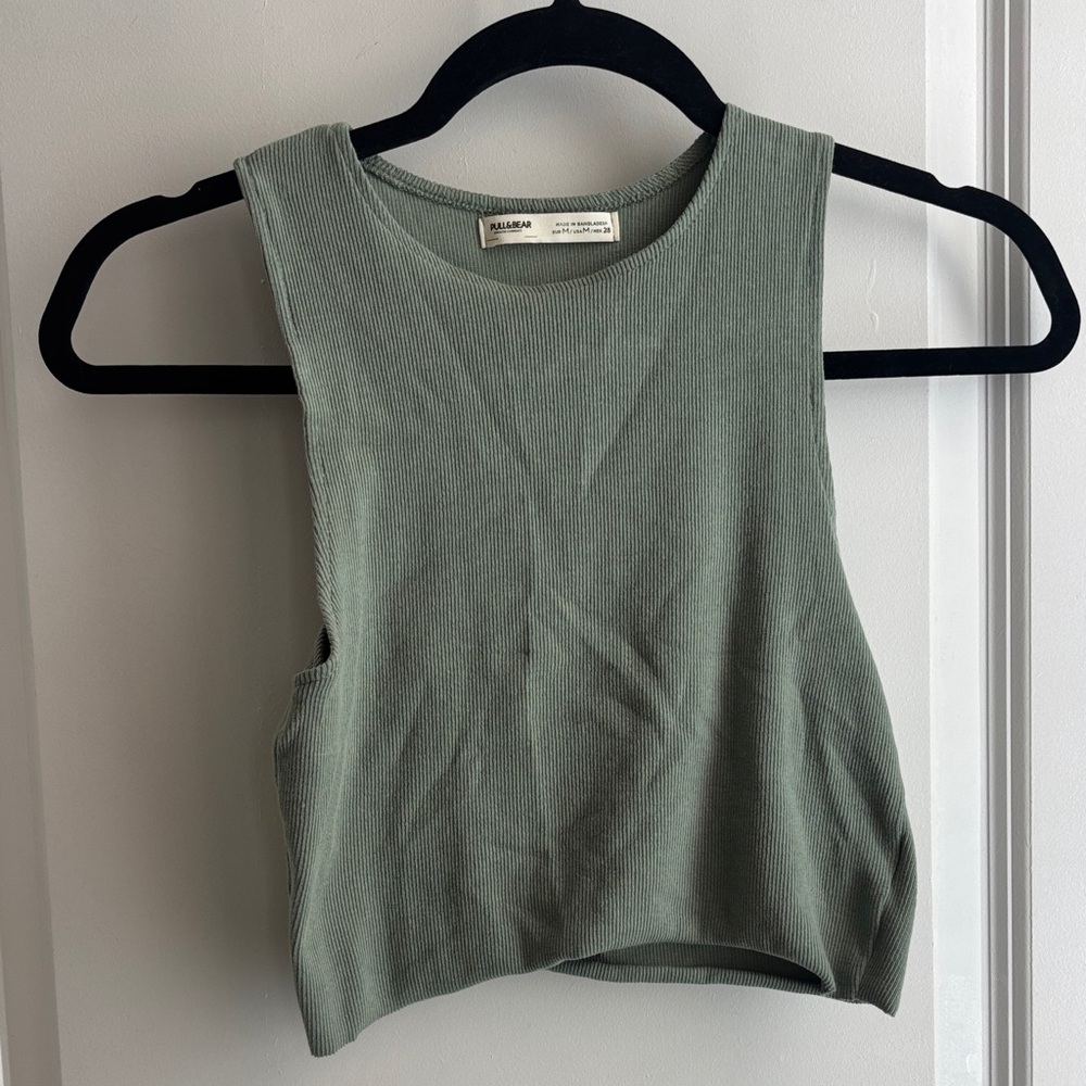 Pull&Bear Green Cropped Ribbed Tank Top